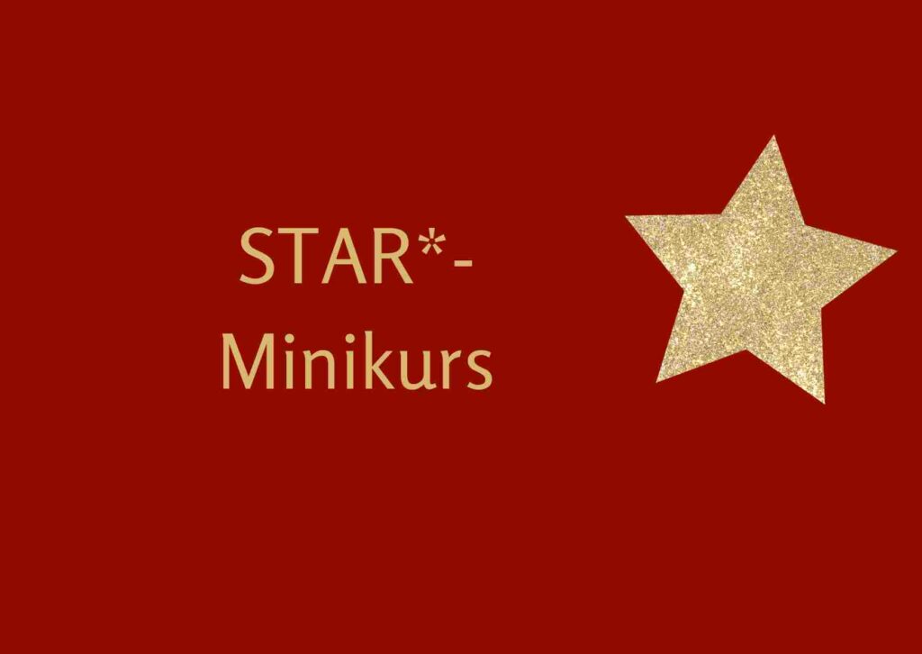 Grafik mit rotem Hintergrund und goldener Schrift "STAR*-Minikurs" zur Stressbewältigung als Lehrer:innen